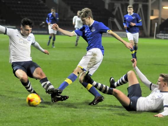 Josh Earl and Melle Meulensteen in action for PNE's youth team against Everton