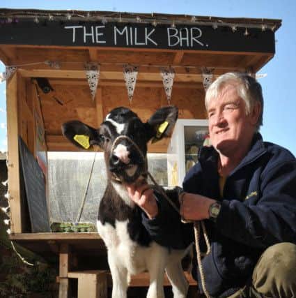 Photo Neil CrossWe are not aMOOsed, John Swale with Matilda at the homnest boxed Milk Bar at St Michaels-on-Wyre