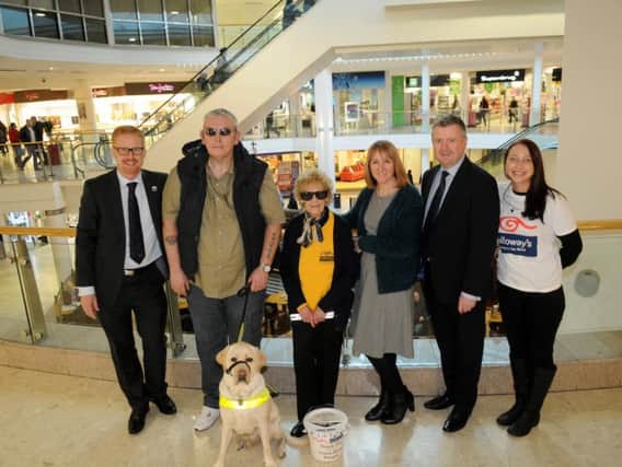 From left, Stuart Clayton, Galloways Chief Executive, Robert Jones with Stuart, Marjorie Gornall, Nicky Horton, Office Manager at St Georges, Andrew Stringer, St Georges General Manager and Emma Russ, Galloways Senior Fundraiser