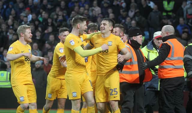Preston North End's Jordan Hugill celebrates scoring his side's second goal