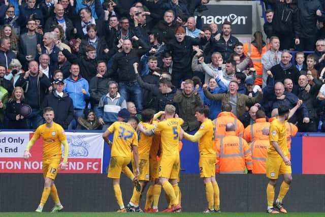 PNE players celebrate in front of the away end on Gentry Day at Bolton last season
