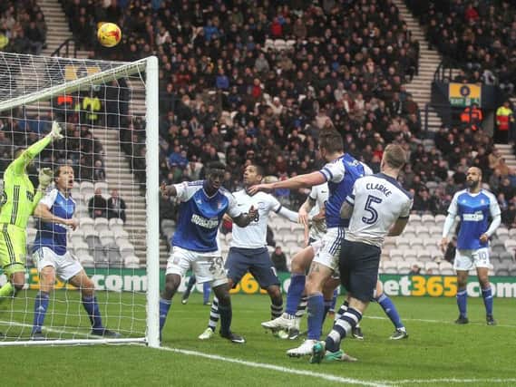 Tom Clarke goes close with a header for PNE against Ipswich