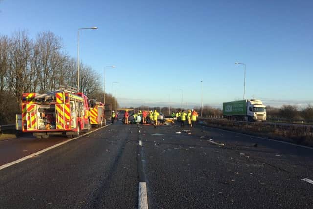 One person was trapped in their car after a crash on the M6 northbound near Charnock Richard.
Photo: Lancashire Fire and Rescue