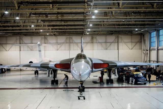 The last airworthy Vulcan bomber XH558, which last flew in 2015, is towed out of its hangar at Robin Hood Airport, in Doncaster