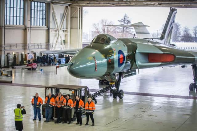 The last airworthy Vulcan bomber 'XH558', which last flew in 2015, is towed out of its hangar at Robin Hood Airport