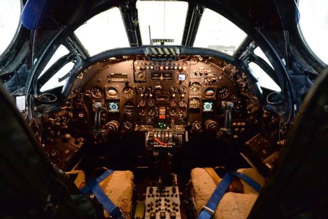 The cockpit of the last flying Vulcan bomber XH558 inside its original Cold War hangar