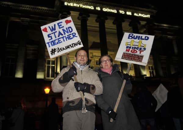Gavin Jones and Amy Hudgell from Clitheroe at the demonstation in Preston against US president Donald Trump's ban on immigration from Muslim countries