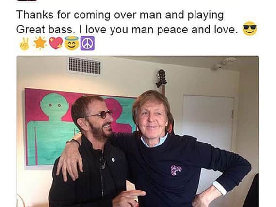 Screen grabbed image taken from the Twitter feed of Ringo Starr of the former Beatles drummer with Sir Paul McCartney