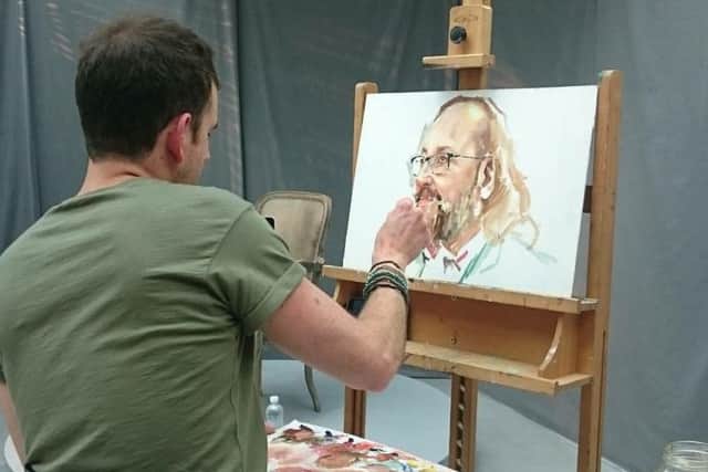 Artist Liam Dickinson is pictured in the first round painting Dave Myers, one of the Hairy Bikers