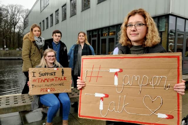 Photo Neil Cross
Molly Blackwell of the Tampon talk group of students with Zoe Taylor, Ida Mau, Kyle Austin and Kelly Thurston, from Lancaster University have set up a petition calling for free sanitary products in gender neutral bathrooms at the Uni and in public bathrooms in Lancaster