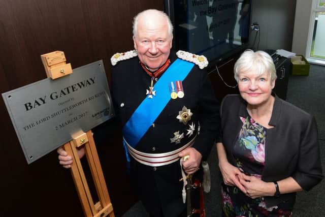 Lord Shuttleworth, the Lord-Lieutenant of Lancashire, and Co Councillor Jennifer Mein, leader of Lancashire County Council, with the plaque unveiled to mark the official opening of the Bay Gateway.