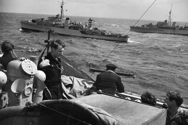 A b/w photo of navy ships from the 2nd Escort Group, on convoy escort duty in 1943-4,  keeping a look out for U-boats.  From the Gordon Canti collection

With permission of the National Museums Liverpool