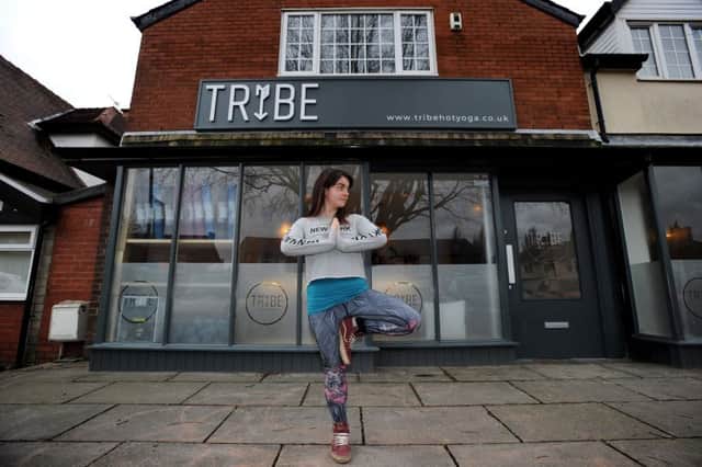 Laura Perry in position outside Tribe Hot Yoga in Penwortham
