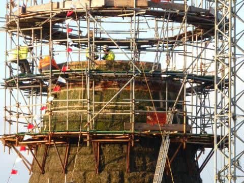 Close-up of teh work taking place on the Plover Scar Lighthouse