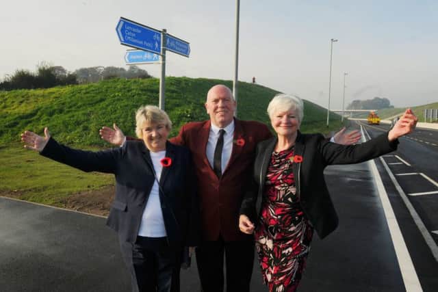 Celebrations at the opening of the Bay Gateway, the new M6 link road. From left, Coun Janice Hanson, coun John Fillis and leader of Lancashire County Council Jennifer Mein.