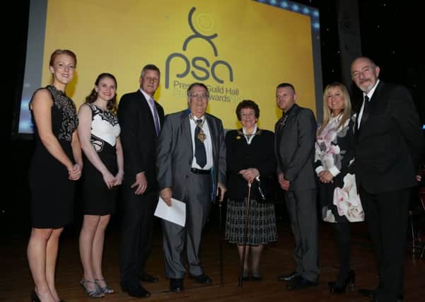 Preston Sports Awards was held at the Guild Hall. Pictured are Nicola White MBE, Stephanie Slater MBE, Peter Mason BEM (Preston Sports Forum), The Right Worshipful the Mayor of Preston Councillor John Collins and Mayoress Mrs Mary Brade, Steve Daley, Janet Walker (Guild Hall), Paul Crone