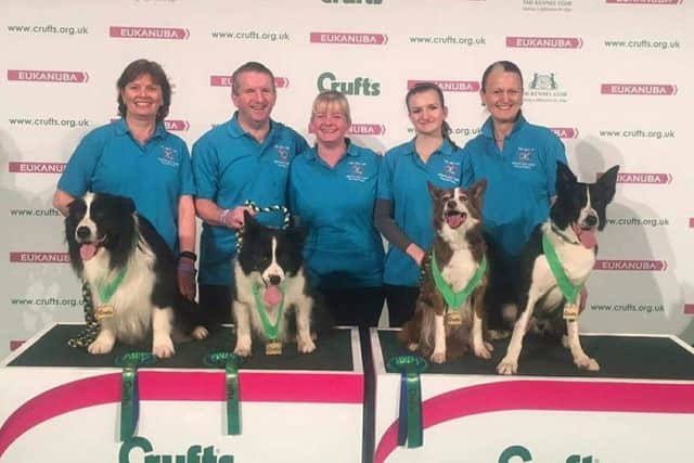 Gail Baker with the Wyre Agility Large Team and winning dogs at Crufts.