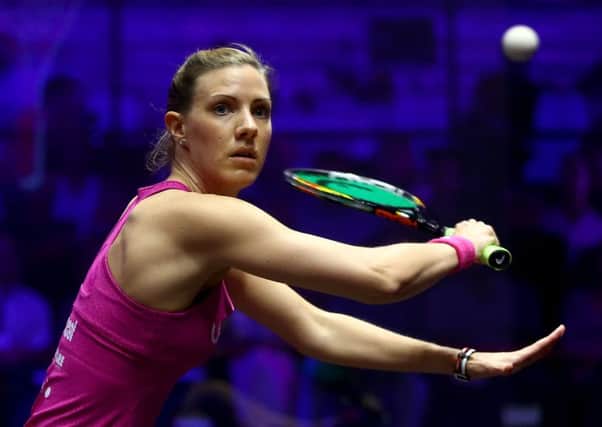 Laura Massaro of England in action against Nouran Gohar of Egypt during day one of the PSA Dubai World Series (Photo by Francois Nel/Getty Images)