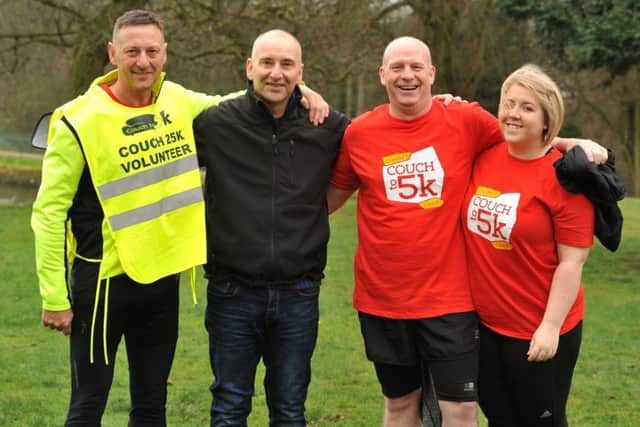 Photo Neil Cross
Darren Nicholls suffered a cardiac arrest whilst training for a 5K run in Astley Park, Chorley, and was saved by race volunteers using a defibrillator
Darren with lifesavers Andrew Dowding and Stuart and Gemma Nelson
