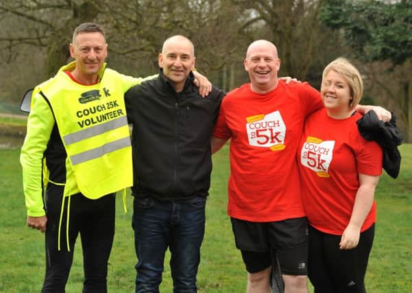 Photo Neil Cross
Darren Nicholls suffered a cardiac arrest whilst training for a 5K run in Astley Park, Chorley, and was saved by race volunteers using a defibrillator
Darren with lifesavers Andrew Dowding and Stuart and Gemma Nelson