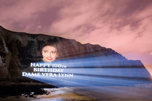 A Dame Vera Lynn portrait projected onto the White Cliffs of Dover