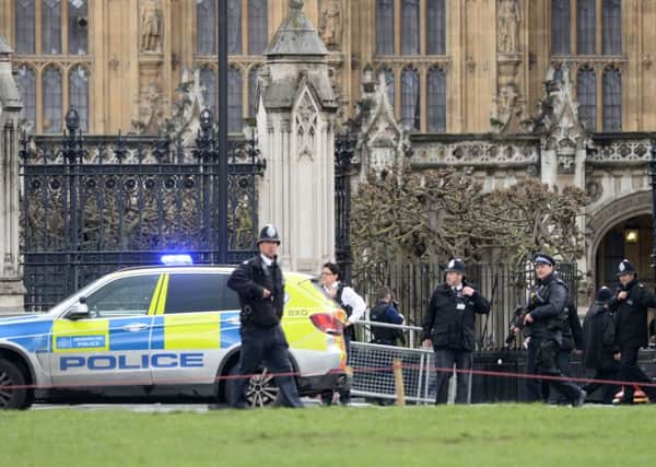 Police outside the Palace of Westminster, London, after sounds similar to gunfire have been heard close to the Palace of Westminster.
