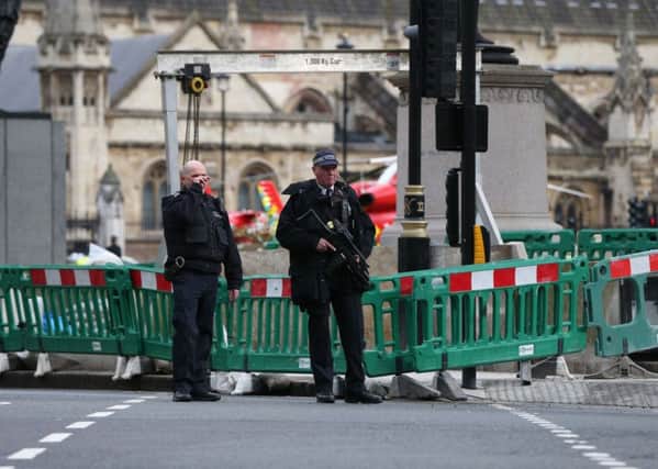 Police close to the Palace of Westminster, London, after yesterday's terrorist attack (Pic: Jonathan Brady/PA)