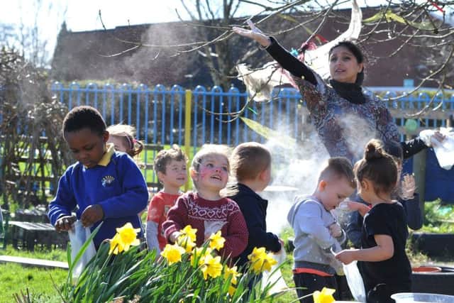 Photo Neil Cross St Maria Goretti Cath Primary nursery have been learning about the Hindu festival of Holi and have made some coloured powder which they will be throwing over each other