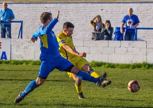 Josh Earl in action on his Lancaster City debut at Radcliffe Borough. Picture: Onion Bag Photos
@TheOnionBag1
www.flickr.com/photos/onionbag