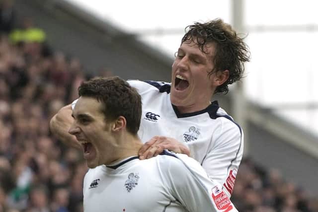 Matty James is congratulated by Billy Jones after  scoring Preston's third goal in the 3-2 win over Nottingham Forest in 2010