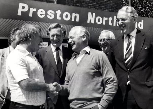 Tommy Docherty is welcomed as manager at Deepdale in 1981 by Tom Finney
