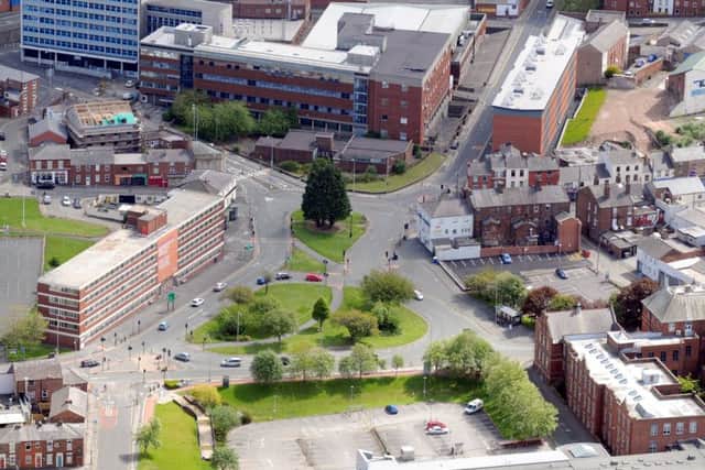 Aerial view  of University Square before demolition of the Fylde Building