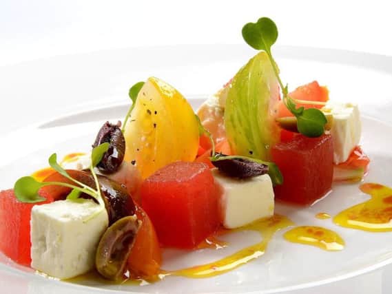 Barrel aged feta cheese and watermelon salad with heritage tomatoes, pomegranate and rocket cress (4 portions)