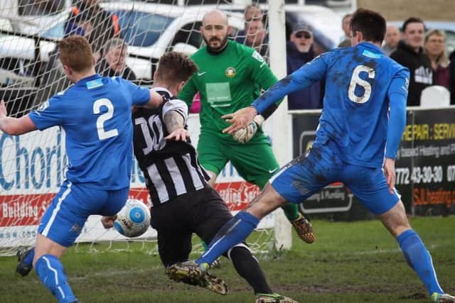 Jason Walker scores the first goal for Chorley. Photo credit: Josh Vosper