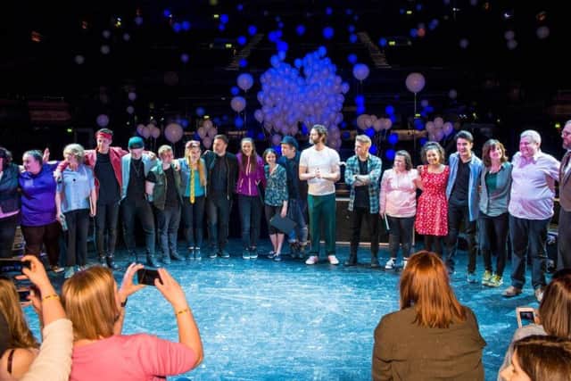 Take That and the cast of their musical, The Band, including TV talent show winners, Five to Five