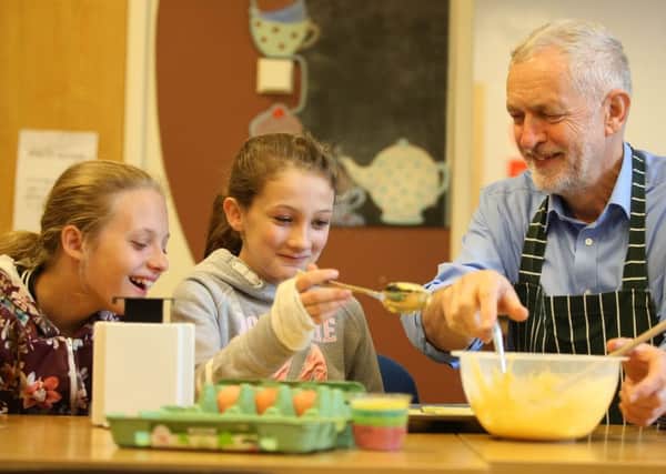 Labour leader Jeremy Corbyn during a cooking session as he visits a children's holiday club at The Leyland Project in Leyland, Lancashire. PRESS ASSOCIATION Photo. Picture date: Thursday April 6, 2017. See PA story POLITICS Labour. Photo credit should read: Danny Lawson/PA Wire