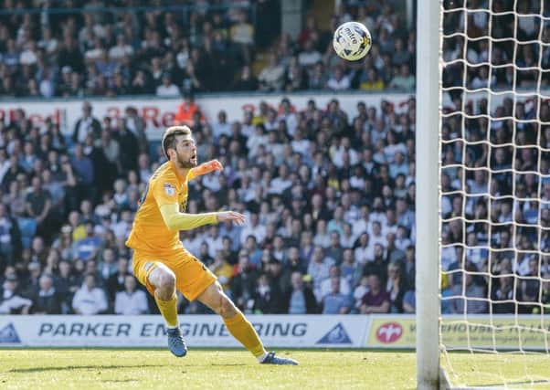Tom Barkhuizen watches his shot bounce against the bar in the defeat to Leeds at Elland Road