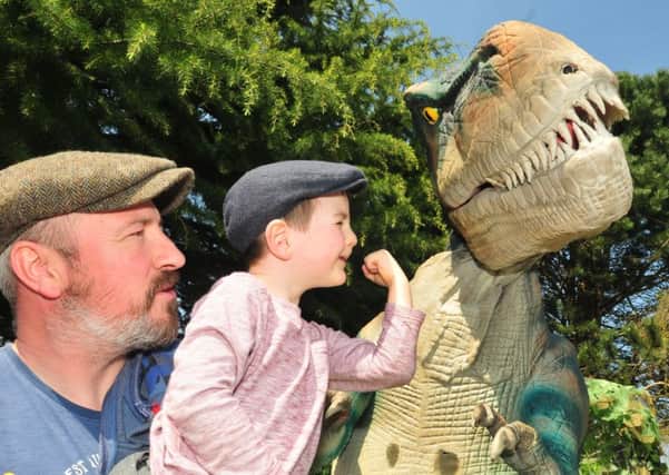 Benjamin Jolley from Coppull gets a lift up from his dad to look a dinosaur in the eye