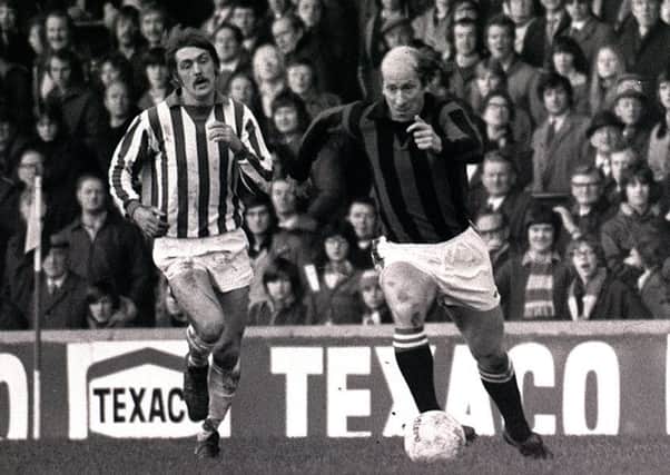 PNE player/manager Bobby Charlton in action for North End in the 1-0 win against Huddersfield at Leeds Road in January 1975