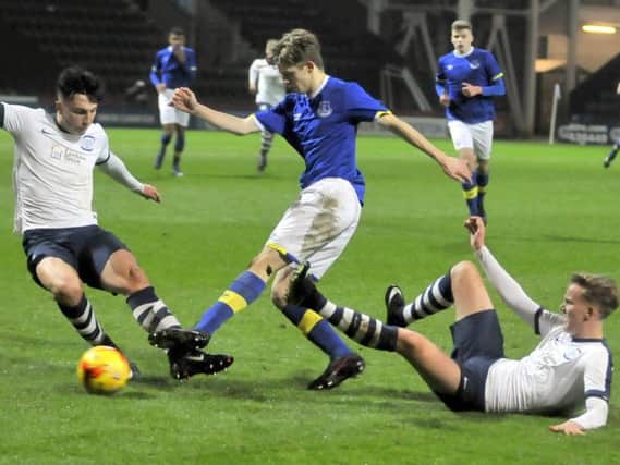 Josh Earl and Melle Meulensteen in action for PNE youth team against Everton