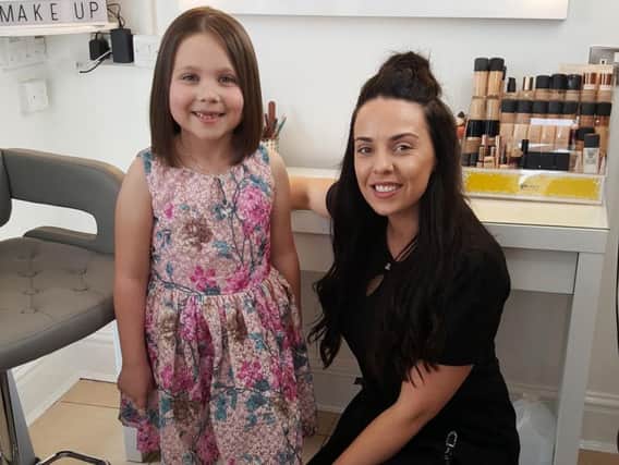Megan Alty with her new hair, cut by Lucy Duff, of Lucia Salon, in Lostock Hall, for Little Princess Trust