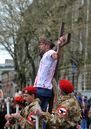 Preston Passion Play 2017, a contemporary production covering the final days of Jesus of Nazareth, set in Winckley Square Gardens and in front of the Harris Museum