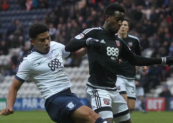 Tyias Browning in action for Preston against Brentford in February