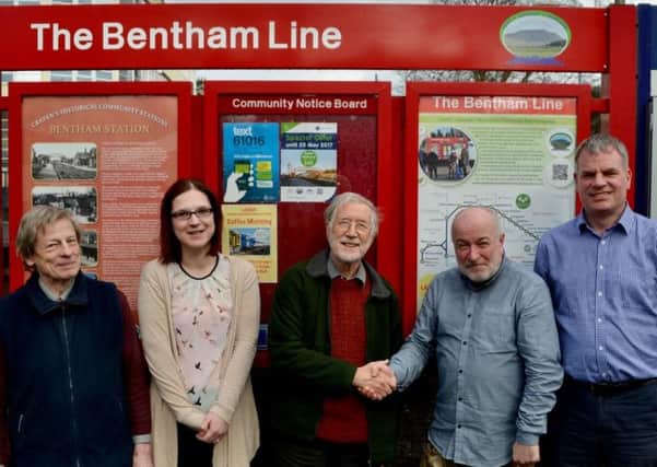 Left to right: David Alder, LMCRP Treasurer, Catherine Huddleston, Partnership Officer, Colin Speakman, DBCIC, Gerald Townson, LMCRP
Chairman, and Paul Chattwood, DBCIC, before recent discussions at Bentham station.
