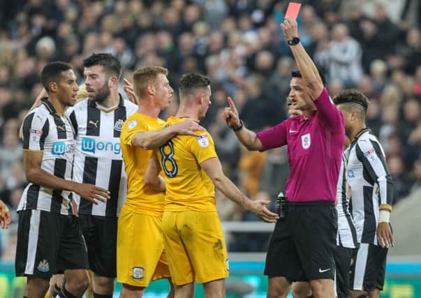 PNE midfielder Alan Browne sees red in the 6-0 defeat at Newcastle in October