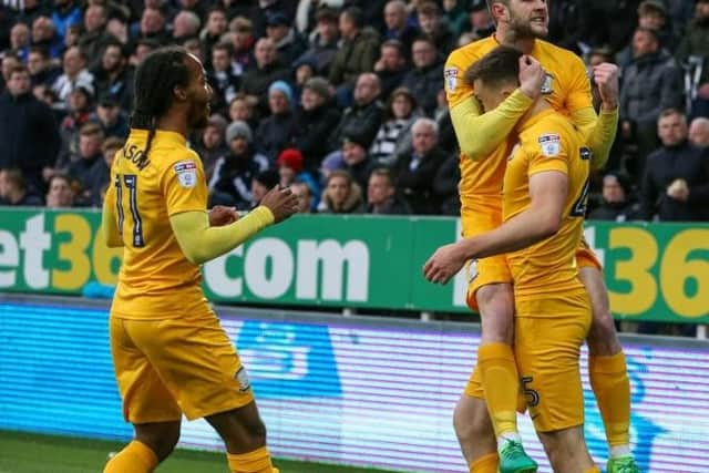 Preston North End celebrate Jordan Hugill's goal.