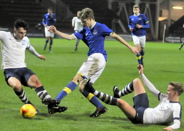 Josh Earl (left) and Melle Meulensteen in action for PNE's youth team against Everton at Deepdale