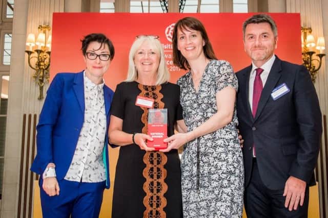 Sue Perkins presenting the award for Best Hotel in England to Northcote Hotel. Pictured, left to right, are Sue Perkins, Kaye Mathew, Sales & Marketing Director at Northcote, Cilla Lowe, Digital Marketing Manager at Northcote and Denis Wormwell, Chairman of the VisitEngland Advisory Board.
