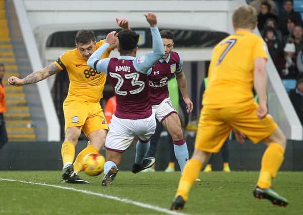 Preston striker Jordan Hugill pulls the trigger on his goal against Aston Villa in January