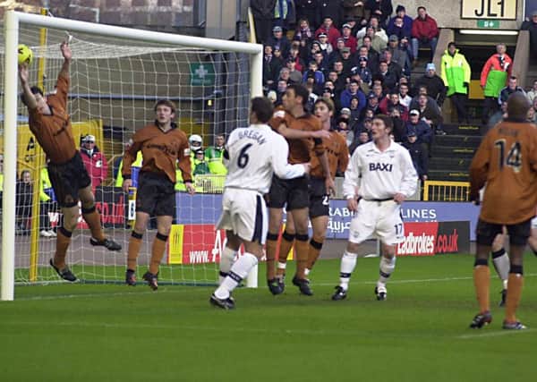 Sean Gregan and Jon Macken watch Iain Andersons header go into the net against Wolves at Molineux on Boxing Day 2000